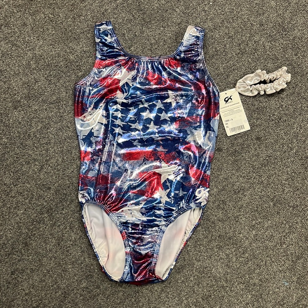 NWT GK gymnastics tumbling dance leotard USA patriotic metallic print sz AL